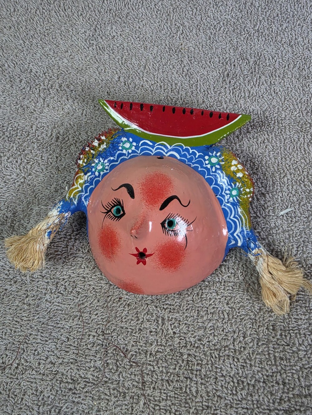 Hand-Painted Mexican Folk Art Coconut Mask with Watermelon Accent